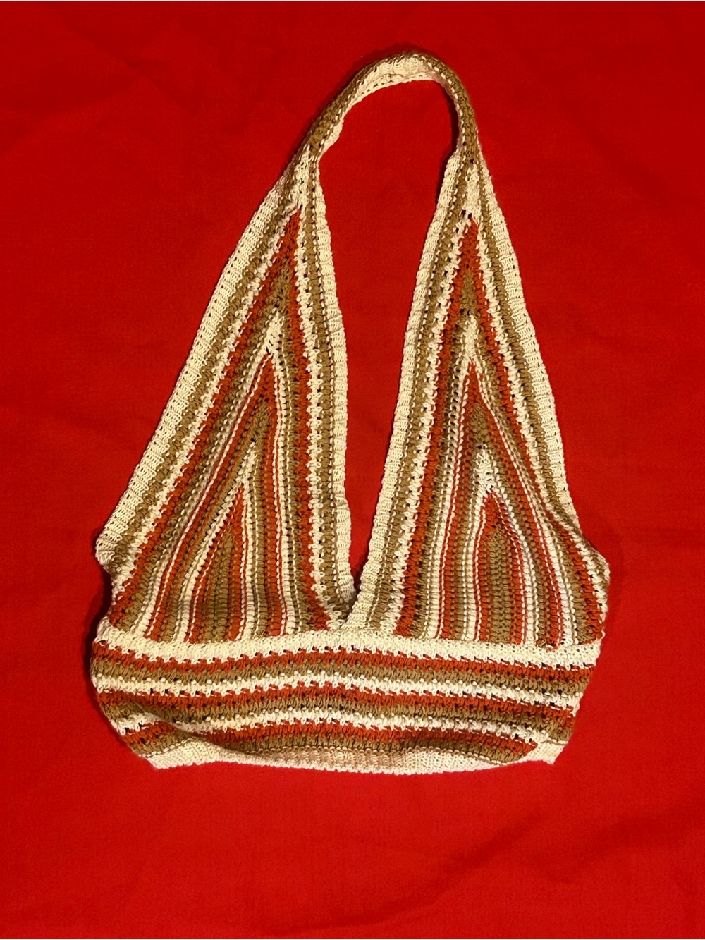 Hand-Crocheted Striped Halter Bag in Cream, Tan & Rust Made in Italy